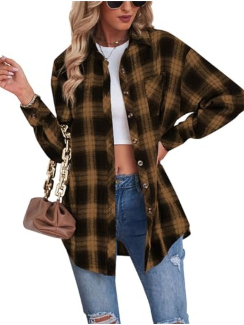 Oversized Plaid Flannel Blouse Long Sleeve Button Down Shirt Work